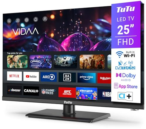 TuTu Téléviseur 25 Pouces (64 cm), FHD Smart TV avec WiFi, Pied Central, Triple Tuner (DVB-T/T2, DVB-C, DVB-S/S2), App Store, Molotov, Netflix, Prime Video, Disney+, Youtube