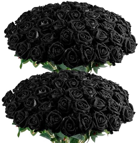 Auihiay 60PCS Black Fake Roses, Velvet Silk Artificial Roses, Realistic Roses Flowers for Photo Shoots, Wedding Centerpieces, Bridal Bouquets, Anniversary, Valentine's Day, Halloween Decorations