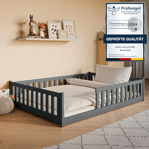 Kids Collective Kinderbett Bodenbett 140x200 cm mit Rausfallschutz, Matratze & Lattenrost Montessori Bett Bed Gitterbett Kinder Jugendbett Einzelbett | Graphit