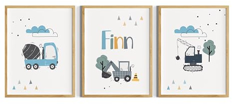 Kinderzimmer Poster Junge, Kinderspruch Kinderzimmerdeko Baustelle, Fahrzeuge Bagger, Namensposter, Babyzimmer, Bagger, Blau als 3er Bilder Set ohne Rahmen (Abrissbirne, DIN A3 (29,7x42 cm))