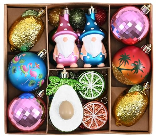 Valery Madelyn 30ct Summer Tree Ornaments Christmas in July Decorations | Coastal Beach Ocean Theme Set with Flamingo Gnome Avocado Lemon & Palm Tree Shatterproof Balls for Hawaiian Tropical Party