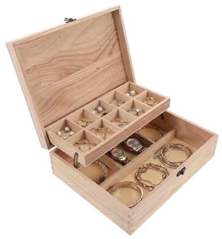 Healeved Unfinished Wooden Jewellery Box, Large 2-Tier Trinket Storage Organiser with Locking Clasps, DIY Craft Plain Case for Earrings, Necklaces, Rings & Watches