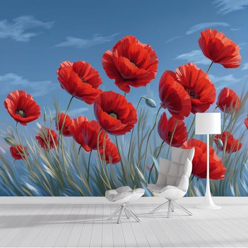 Roter Mohn Tapete Wandbild 3D Fototapete, Aquarellblumen Wandtapete Foto Für Wohnzimmer Schlafzimmer Fernseh Hintergrund Wand-Kunst-Deko 300x210cm, Rot