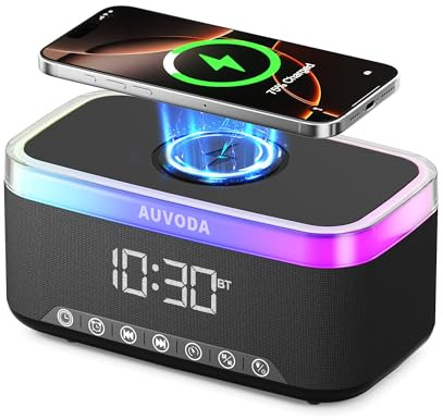 AUVODA S300 Tragbarer Bluetooth-Lautsprecher mit 15 W schnellem kabellosem Laden, 13 Farben, dimmbares Nachtlicht, weißes Rauschen, Alarm, FM-Radio, 16 W Stereo, BT5.3, TWS, für Zuhause, Büro