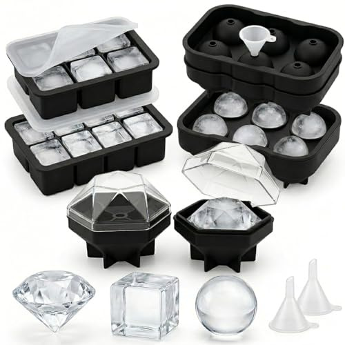 4 Pack Silicone Ice Cube Tray, Large Ice Cube Moulds & Ice Ball Maker with Ice Balls Combo and Funnel, Free Ice Tray for Whiskey, Cocktails, Craft, Homemade, Black
