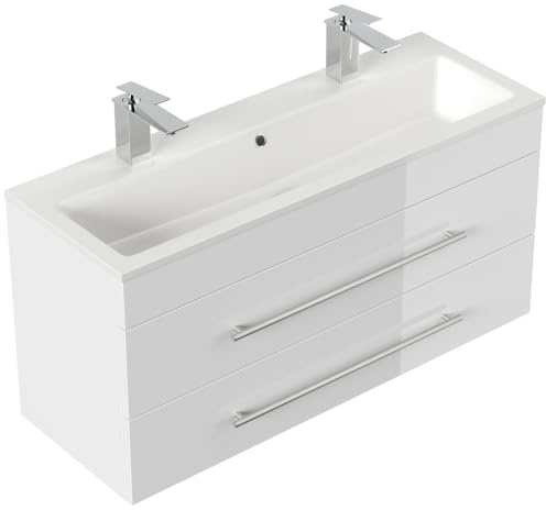 Magnolia Home Badmöbel Mars 1000 für 2 Hähne 100x36cm mit 2 SoftClose Schubladen Weiss Hochglanz