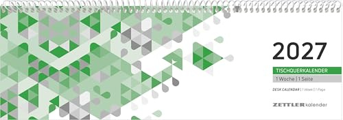 Tischquerkalender 1W/1S grün 2027: Wochenkalender 30 x 10 cm mit 1 Woche pro Seite, Spiralbindung & Stundeneinteilung 7-19 Uhr für Büro & Homeoffice