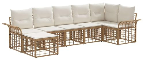 vidaXL Outdoor-Sofagarnitur 7 pcs Natürlich und Cremweiß Polyester, Moderne, wetterfeste modulare Sofagarnitur, verstellbare Fußpads, UV-beständige Sitzmöbel, Bequeme Garten-Sofas