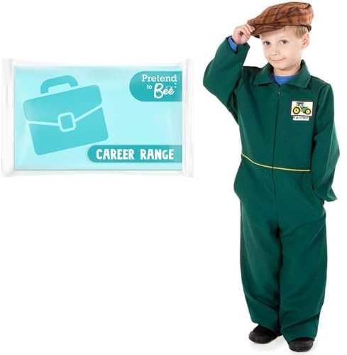 PRETEND TO BEE Farmer Dress Up Costume for Kids, Overalls and Tweed Flat Cap, Green, 5-7 Years