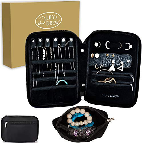 Lily & Drew Reise-Schmuckaufbewahrungsbox, Schmuck-Organizer mit abnehmbarer Tasche, in Geschenkbox (V1B schwarz)