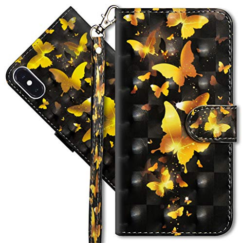MRSTER iPhone X Handytasche, Leder Schutzhülle Brieftasche Hülle Flip Case 3D Muster Cover mit Kartenfach Magnet Tasche Handyhüllen für Apple iPhone X/iPhone XS. YX 3D - Golden Butterfly