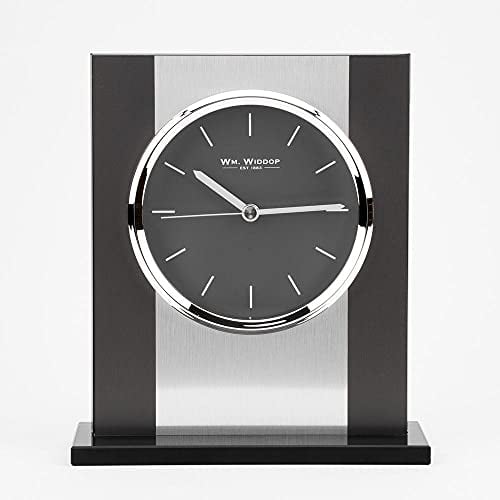 WM. Widdop Black Glass and Brushed Aluminium Contemporary Mantel Clock