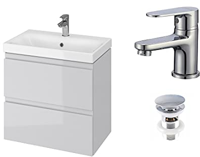 VBChome Badmöbel Slim 60 cm Grau mit Armatur und Pop-up ventil Waschbecken mit Unterschrank Waschtisch 2-Schubladen Moduo Hängeschrank Click-clack