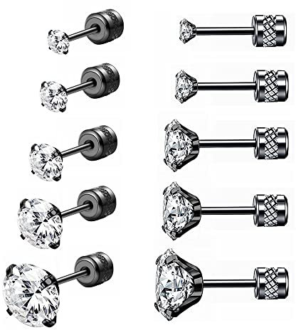5 Pairs Stud Earrings Set,Hypoallergenic Earrings 316L Stainless Steel Double Round Cubic Zirconia Ear Ringing Jewelry for Women Men Boys & Girls 2-6mm Silver (Black)