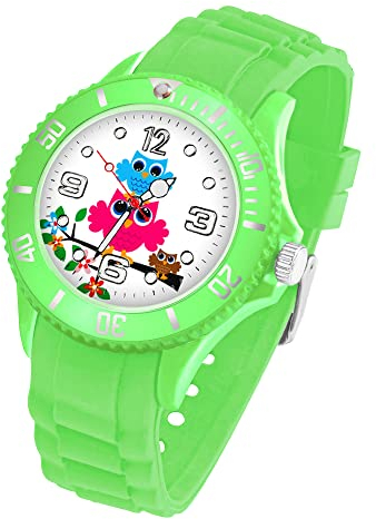 Taffstyle Kinder Armbanduhr Silikon mit Blumen Eulen Familie Motiv Sportuhr Analog Quarz Bunte Sport Uhr Farbige Kinderuhr Mädchen Junge Lernuhr Small 39 mm Grün