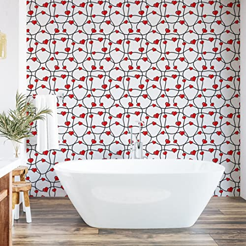 Ambesonne Valentines Peel & Stick Wallpaper for Home, Geometric Themed Illustration with Lines Hearts Romantic Valentines Day, Self-Adhesive Living Room Kitchen Accent, 33 cm x 180 cm, Red Black White