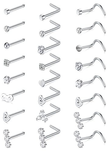 WillTen 20G Nose Studs Silver Corkscrew Nose Studs L Shape Women Stainless Steel Diamond CZ Nose Bone Stud Heart Star Jewelry Piercing 24PCS