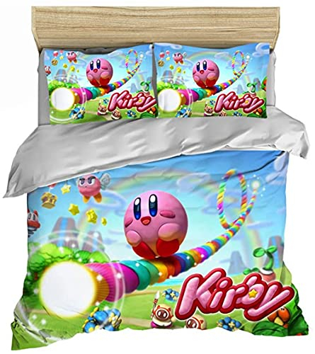 ESAAH Kirby Game 3D Bettbezugsset Mit Reißverschluss Und Kissenbezügen, Mädchen Teenager Bettwäsche 3-teiliges Set (A4,135x200cm+80x80cmx1)