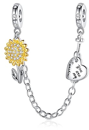 Amuefer Sunflower Safety Chain Charms for Bracelets Dangle 925 Sterling Silver Pendant for Necklaces Valentine's Day Birthday Christmas Jewelry Gifts for Women Friends