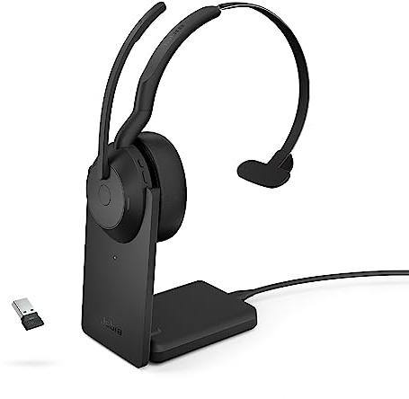 Jabra Evolve2 55 Mono Wireless Headset with Charging Stand AirComfort Technology, Noise-Cancelling Mics & Active Noise Cancellation - Works with UC Platforms Such as Zoom & Google Meet - Black