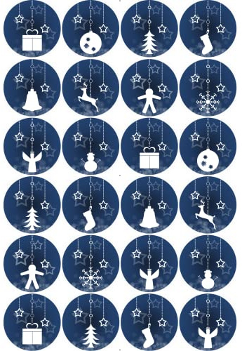Bedruckte Oblaten rund - Weihnachtsmotiv blau in verschiedenen Größen und Papier (Dekor - Plus Papier, 24 Stück x 4cm Durchmesser)
