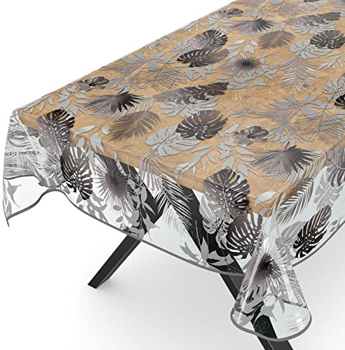ANRO Tischdecke transparent Folie durchsichtige Wachstuchtischdecke Tischschutz Schutzfolie Tischfolie Bedruckt Motiv 0,15mm Blätter Silber Grau 160 x 140cm mit Saum Rund Oval Eckig
