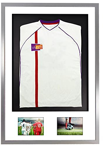 Vivarti DIY Adult 3D Mounted + Double Aperture Sports Display Frame for Football, Rugby, Band T-Shirt Shadow Box - 61 x 91.5cm - Silver Frame, White Mount, Black Backing Card