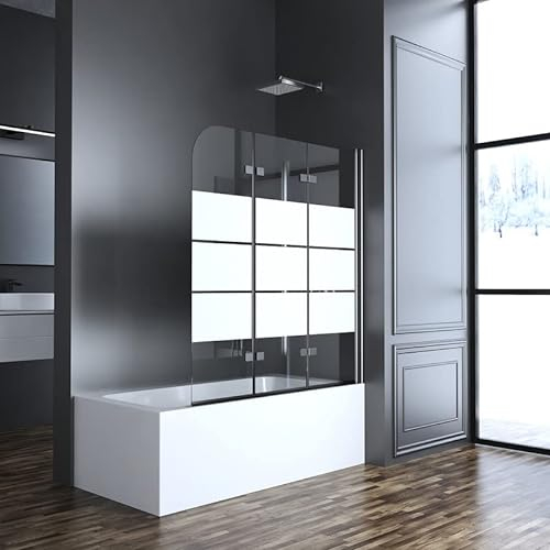 Duschwand für Badewanne 130x140cm 3-teilig Schwarz Faltbar Duschabtrennung, Gestreift Glas Duschtrennwand Badewannenaufsatz aus 6mm ESG Sicherheitsglas, 130cm Badewannenwand Trennwand für Badewanne