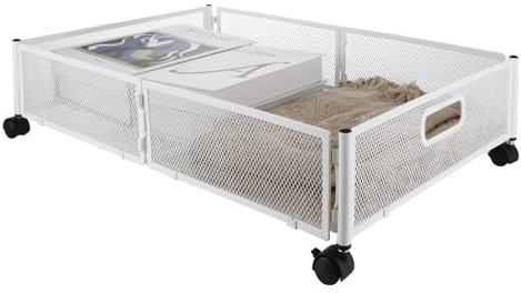 ZOFUN Underbed Storage on Wheels, 43 x 62 cm Rolling Under Bed Storages on Wheel of 4, White Stainless Steel Underbed Storage with Wheels for Clothing Shoes Under Bed Organization
