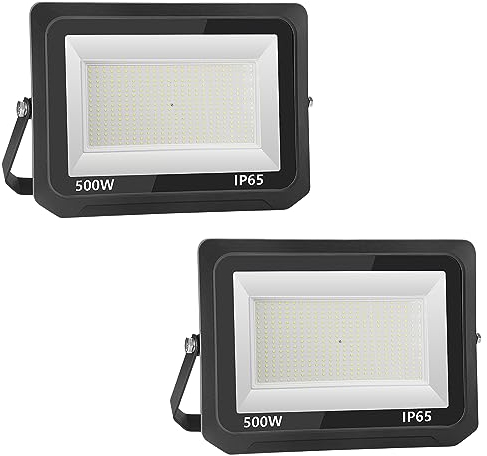 Royana 2er 500W LED Strahler Außen, 50000LM Superhell Strahler, 6000K Kaltweiß Scheinwerfer Außen, IP65 Wasserfest Fluter Außenstrahler für Sportplatz, Garage,Garten,Hinterhof