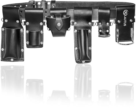 LAUTUS Scaffolding Belt | 7-Piece Leather Tool Belt Set, 2 Wide | Fits Waist Sizes 32” – 50” | Includes 6 Tool Holders | Black Leather