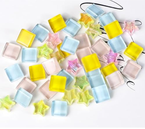 200g Bunte Kristall-Mosaik-Glasfliesen zum Basteln, Quadratisch und Stern kleine Mosaikglasstücke für Badezimmer, Küche, Heimdekoration(Brillant)