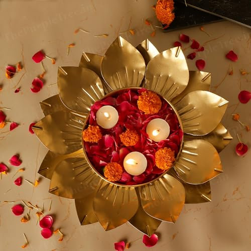 The Purple Tree Schöne handgefertigte Lotusblumen-Urli-Schale für Diwali (1 Stück) – dekorative Schale für schwimmende Blumen und Teelichter – traditionelles goldenes Urli für Heimdekoration und