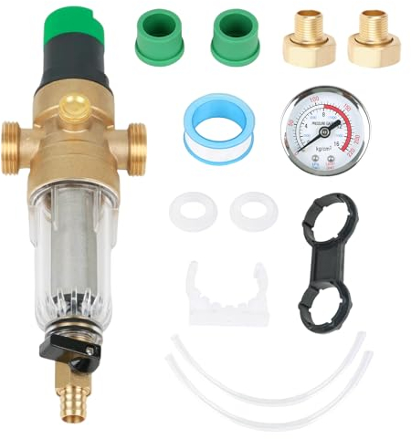 Druckminderer Wasser, Rückspülfilter FK06 1 Druckminderer + Manometer + Messgerät, Wasserdruckminderer mit Selbstreinigendem Siebfilter, 3/4 Wasserdruckregler, Messing (1 Zoll mit 4 Spitzen)