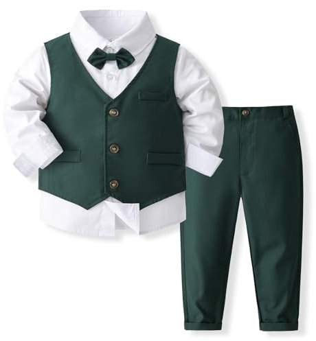 Volunboy Baby Anzug Jungen Anzugweste Hemd mit Fliege für Festlich Hochzeit Bekleidung Set 4tlg(Tiefgrün,18-24 Monate,Größe 90)