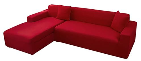 Bishilin Sofabezug Ecksofa Elastisch, Couchbezug 4 Sitzer mit Armlehne Einfarbig 235-300CM Überwurf Sofa Polyester Rot