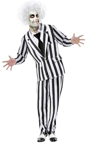 Boyigog Horror Herren Schwarz-Weiß Gestreiftes Kostüm Set mit Perücke, Krawatte, Horror Film Charakter Kostüm, Halloween Karneval Fancy Dress up Cosplay Kostüm(M)