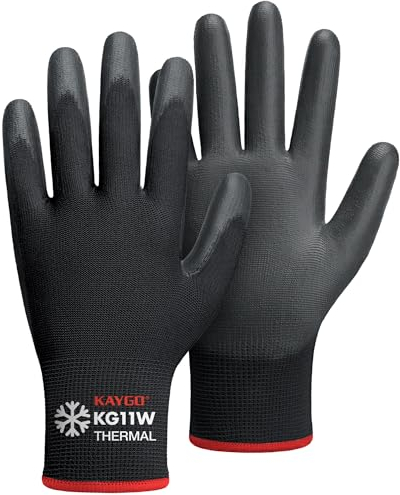 KAYGO Work Gloves PU Coated-12 Pairs, Thermal Fleece Liner, Good Grip, KG11W, Winter Safety Work Gloves for Men and Women, Ideal for Cold Weather Work Freezer Storage Warehouse (Small, Black)