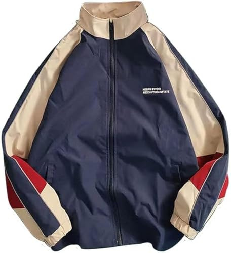 Pbkabiug Vintage Women Jackets Hip Hop Style Patchwork Windbreak Unisex Streetwear Lightweight Jackets Bomber Jackets (Blue red,M,Medium)