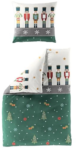 Traumschlaf Biber Bettwäsche Nussknacker jadegrün – warme Winterbettwäsche aus 100% Baumwolle – flauschig weich & temperaturausgleichend – im schönen Weihnachtsdesign – 135x200 cm + 80x80 cm