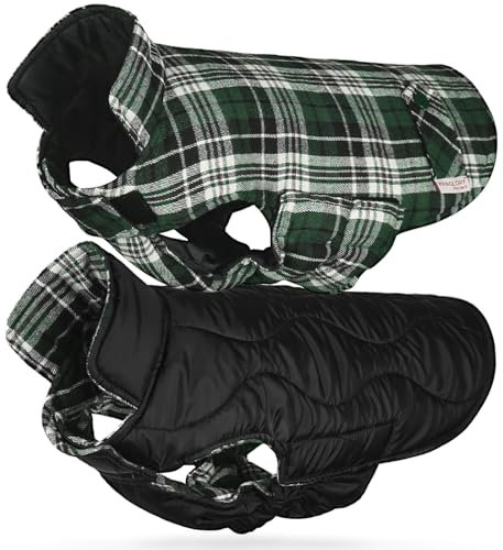 VIVAGLORY Softjoy Hundemantel, Wintermantel mit Bauchschutz & Klettverschluss, Hundejacke für Winter & Weihnachten, Warm Softshell Kariert Schnittmuster Verstellbar, L, Grün