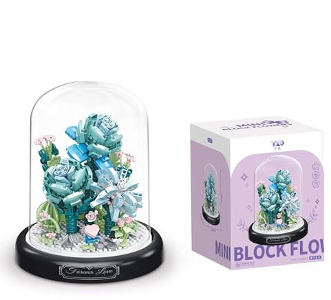 Flower Bouquet Building Block Set, DIY Artificial Flowers Building Kit with Dust Cover, Sunflower Rose Bonsai Tree Collection Building Kit, Decorative Home Botanical Gift for Her Women Mom (Blue Rose)