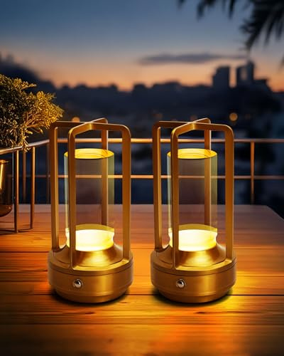 Jinchangming Set of 2 Cordless Table Lamps, LED Rechargeable Battery Operated Desk Lamps with 3 Color Stepless Dimmable, Small Light Portable for Outdoor Patio Bar Restaurants Bedroom Bedside (Gold)
