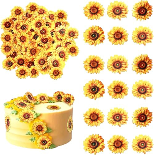 60 Stück Essbare Sonnenblume Tortendeko Blume Geburtstag Kuchen Deko Essbare Blume Cupcake Toppers für Baby Dusche Hochzeit Jahrestag Geburtstag Party Kuchen Dekoration
