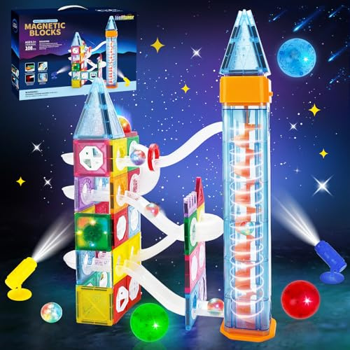 Joellfuner Magnetische Bausteine Kinderspielzeug, Weltraumthema Magnet Teile Konstruktion Bauen Blöcke Set, 3D Leuchtenden Magnete Baukasten Spielzeug für Kinder ab 6 7 8 9 10+Jahre (108Pcs)