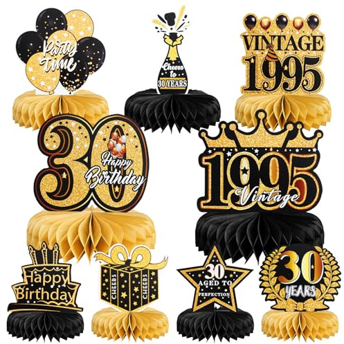 BellaGesundheit 18 Geburtstag Deko, 9Stk Bienenwabe Mittelstück Tischdeko Set für Männer Frauen, Waben-Partyzubehör Papier Geburtstagsparty Tischdekorationen (Schwarze Goldene 30)