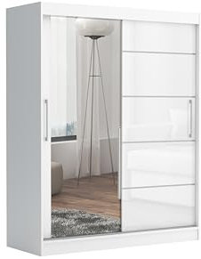 Brent - Kleiderschrank mit Spiegel und Schubladen 160cm Breit Chelsea Tomy, Schwebetürenschrank mit Spiegel, Schlafzimmerschrank, Kleiderschrank Weiß Matt/Weiß Hochglanz
