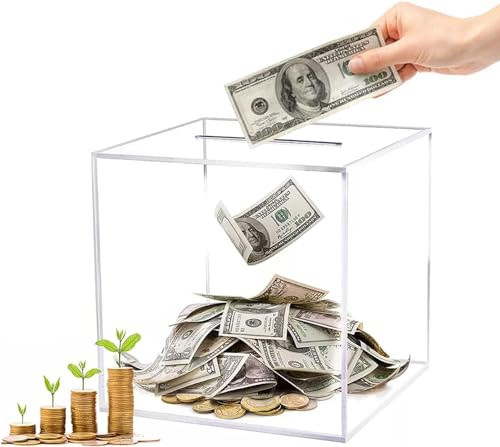 Clear Acrylic Money Box, Visual Progress Tracker & Coin Counter - The sturdy and durable money box is suitable for people of all ages, Motivational Gift for Wedding， Fund，Donation (12 x 12 x 12cm)