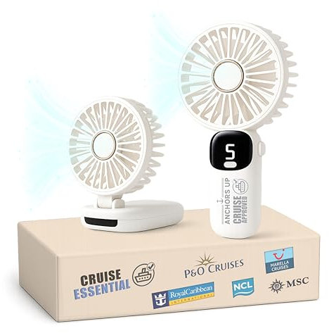 Cruise Essentials - Ventilatore portatile da viaggio approvato da crociera, mini ventilatore USB portatile e pieghevole con 5 velocità - Silenzioso, ricaricabile e leggero - Raffreddamento tascabile