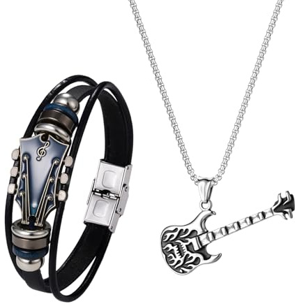 JewelryWe Gitarre Halskette Armband Set: 2 Stück Schmuckset für Herren Damen Edelstahl Gitarren Anhänger mit Kette & Punk Lederarmband Leder Armreif Gothic Rock Gitarristen Schmuck für Musikliebhaber